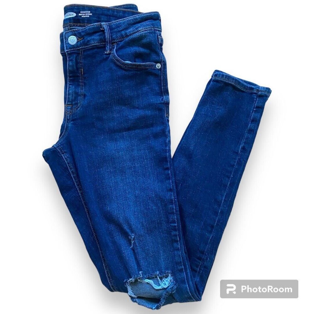 Old Navy Jeans Womens 6 Mid Rise Rockstar Super Skinny Distressed Blue Denim